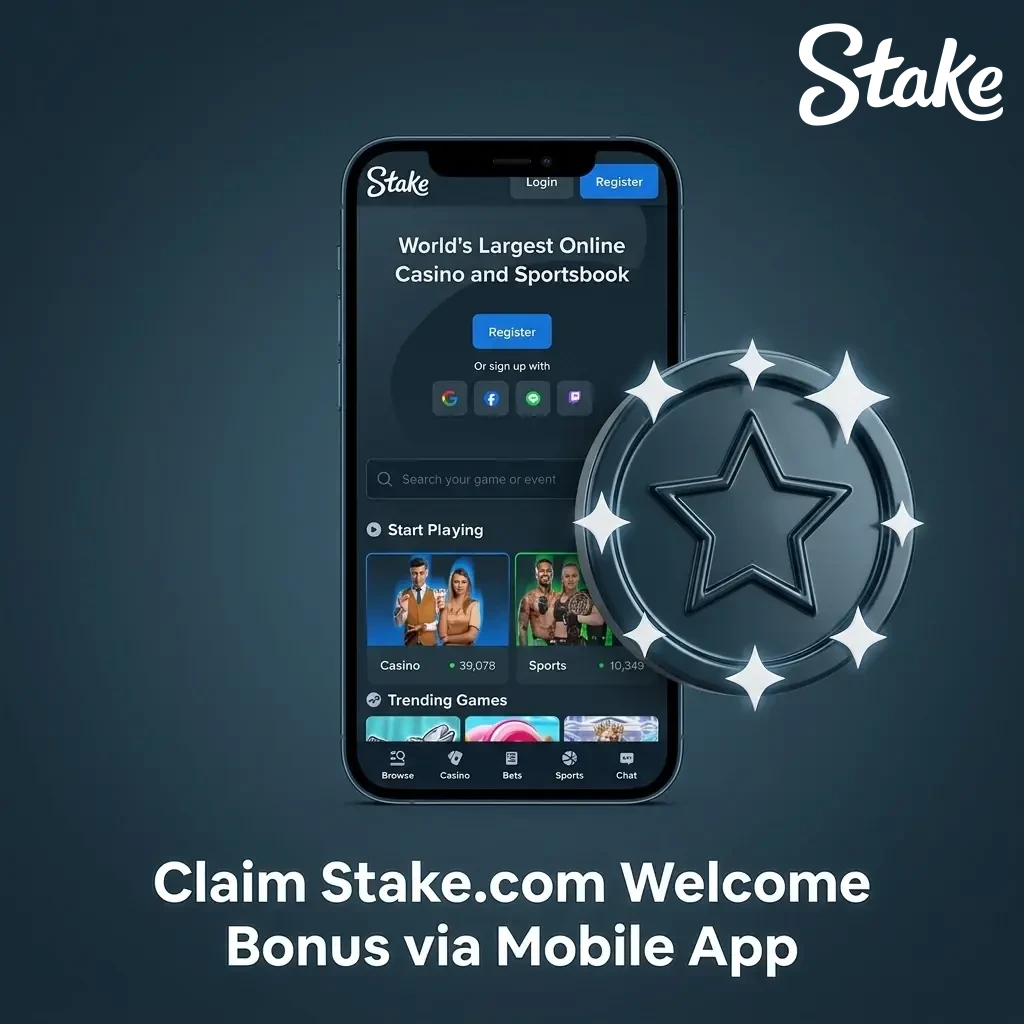 Smartphone displaying the Stake.com mobile app interface to securely claim the welcome bonus and deposit funds.