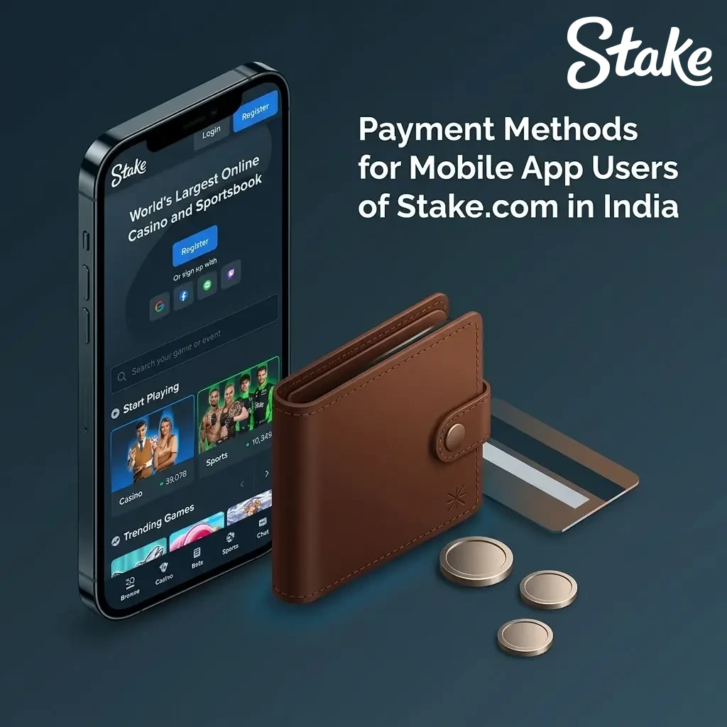 Stake.com mobile app payment methods in India, including UPI, Paytm, bank transfers, and cryptocurrencies.