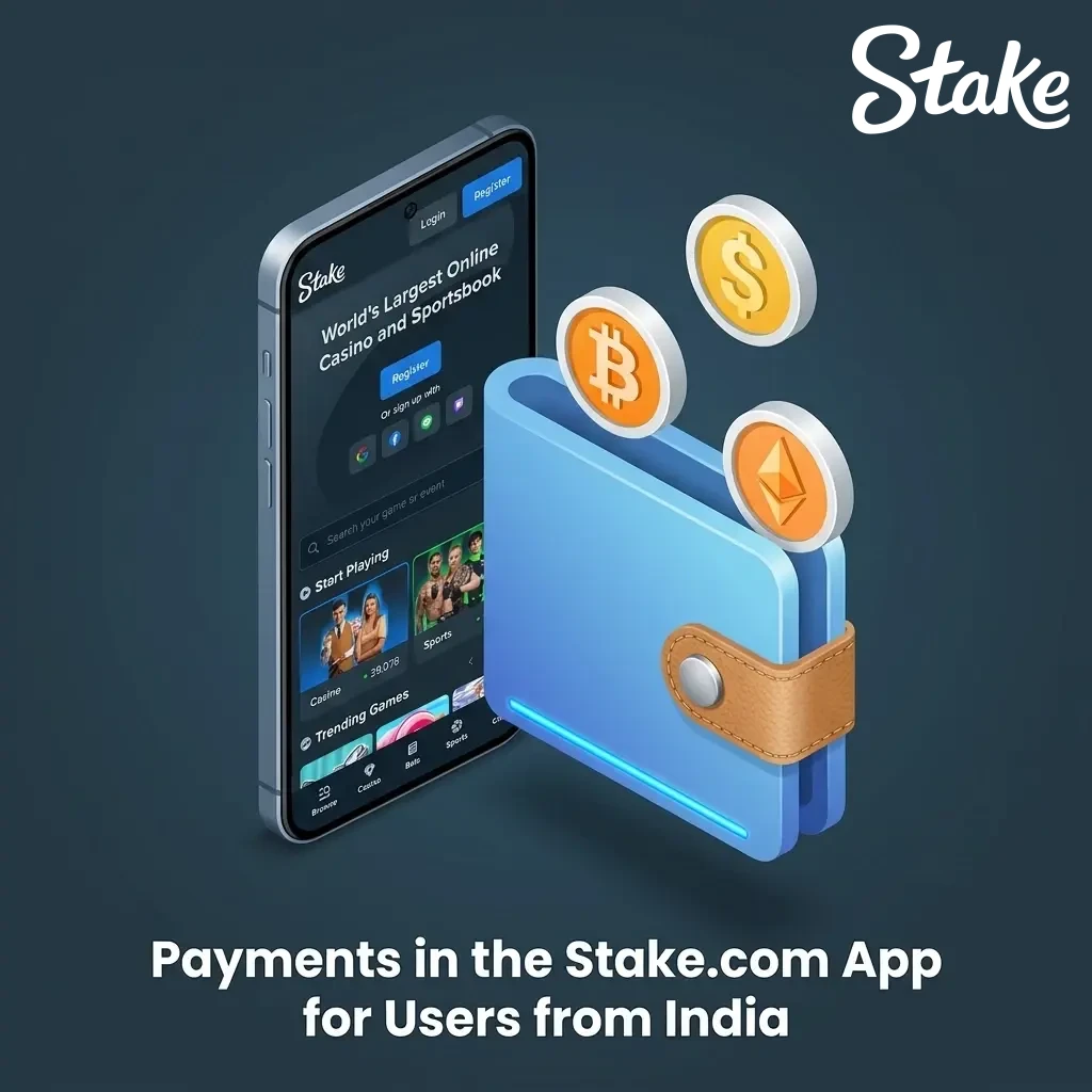 Secure crypto payment options on the Stake.com app for Indian users, including Bitcoin, Ethereum, and Tether.