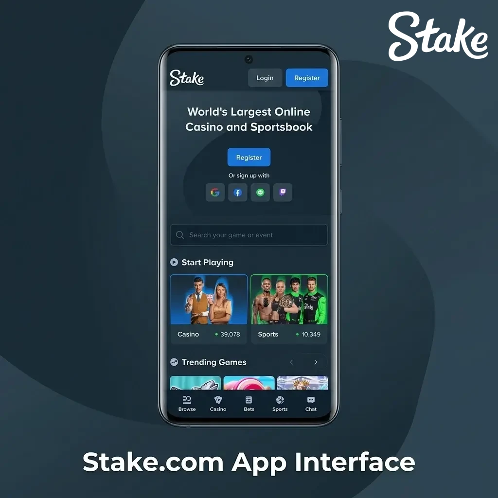 Stake.com app interface in dark mode featuring easy-to-navigate menus for casino games and sports betting.