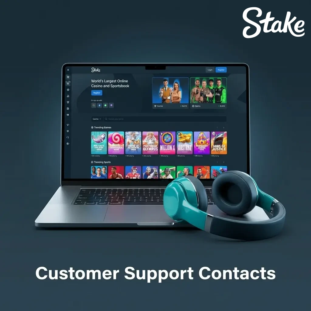 Stake.com customer support contacts including live chat, email, help centre, and social media channels.