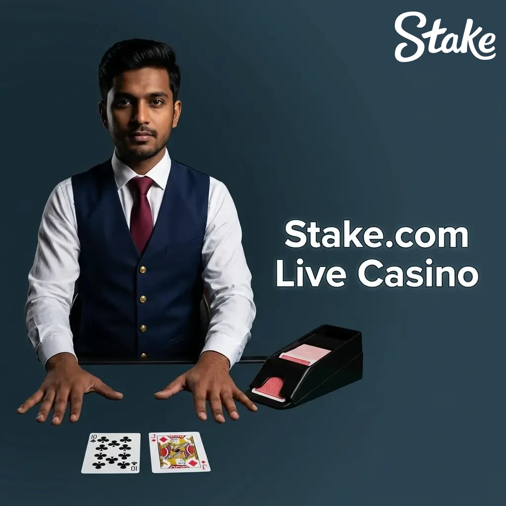 Stake.com live casino with professional dealers hosting blackjack, roulette, baccarat, and game shows.