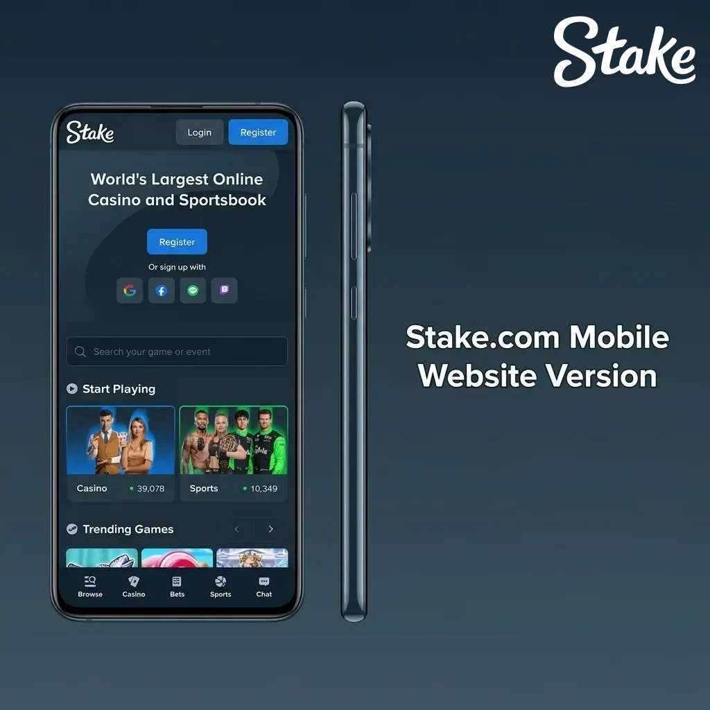 Stake.com optimised mobile website on a smartphone screen showing betting and casino games.