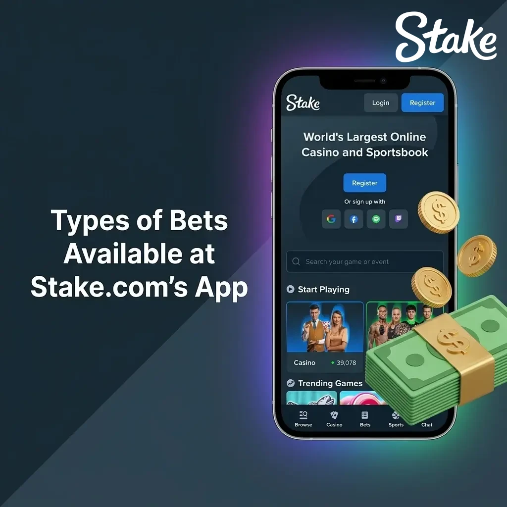 Various betting types on the Stake.com app, including single, accumulator, system, outright, and prop bets.