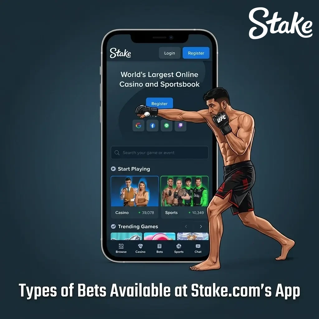 Types of bets available on the Stake.com app, including single, accumulator, system, live, and prop wagers.